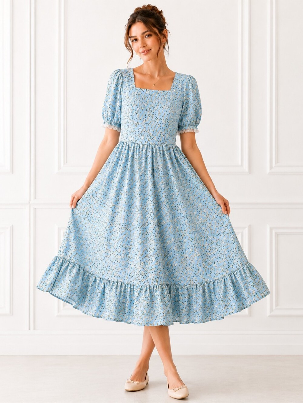 Blue Floral Cottagecore Midi Dress Size XL Puff Sleeve Square Neck Romantic - Picture 1 of 9